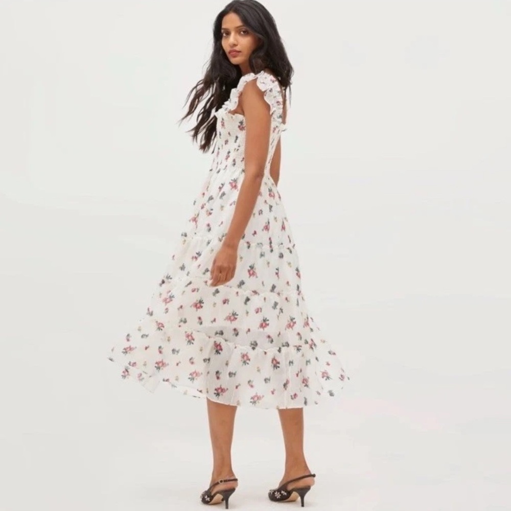 New HILL HOUSE Ellie Floral Smocked Midi Nap Dress in Ivory Crushed Taffeta Ikat - Picture 4 of 16
